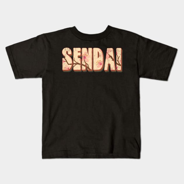 Sendai Japan Retro Vintage Cherry Blossom Kids T-Shirt by Happy as I travel